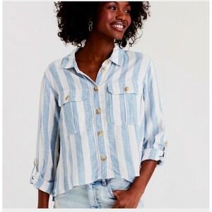 American Eagle Linen Blend Blue White Striped Cropped Roll Tab Sleeve Top Size L